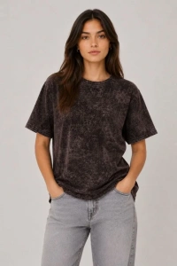Yıkamalı Washed Effect Tişört Bisiklet Yaka Sokak Stil Kısa Kol T-Shirt - Siyah