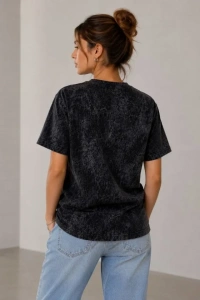 Yıkamalı Washed Effect Tişört Bisiklet Yaka Sokak Stil Kısa Kol T-Shirt - Siyah