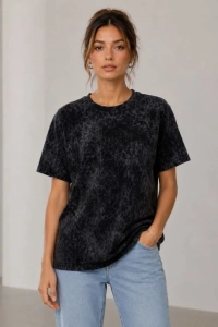 Yıkamalı Washed Effect Tişört Bisiklet Yaka Sokak Stil Kısa Kol T-Shirt - Siyah