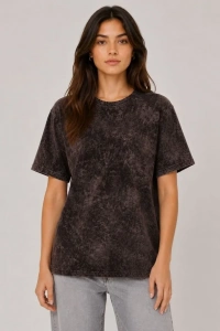 Yıkamalı Washed Effect Tişört Bisiklet Yaka Sokak Stil Kısa Kol T-Shirt - Siyah