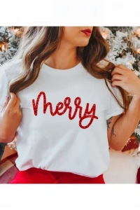 Yılbaşı Merry Christmas Baskılı Kısa Kollu Oversize Bisiklet Yaka T-shirt - Beyaz