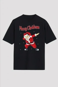 Yılbaşı Merry Christmas Noel Baba Baskılı Oversize Bisiklet Yaka T-shirt - Siyah