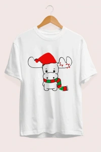 Yılbaşı Noel Ren Geyiği Baskılı Kısa Kollu Oversize Bisiklet Yaka T-shirt - Beyaz