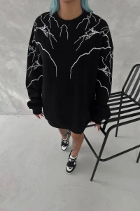 Yıldırım Baskılı Bisiklet Yaka SweatShirt - Siyah