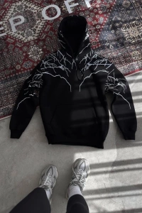 Yıldırım Baskılı Kapşonlu SweatShirt - Siyah