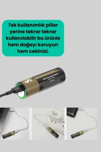 Yüksek Performanslı AA USB Şarjlı Lityum Pil | 1.5V Sabit Güç | 2’li Paket
