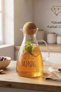 Yuvarlak Mantar Kapaklı Sürahi - 1500 ml - Yüksek Kaliteli Cam