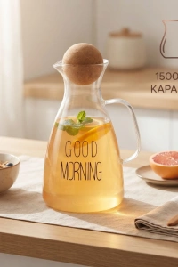 Yuvarlak Mantar Kapaklı Sürahi - 1500 ml - Yüksek Kaliteli Cam
