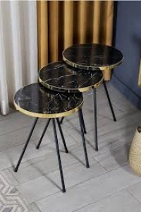 Zigon Sehpa 3lü Altın Metal Ayak Bendir Altın Siyah