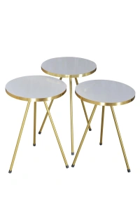 Zigon Sehpa 3lü Altın Metal Ayak Beyaz Altın  1061