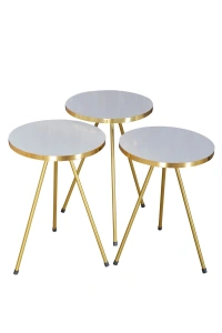 Zigon Sehpa 3lü Gold Metal Ayak Beyaz Gold