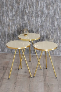 Zigon Sehpa 3lü Gold Metal Ayak Krem Gold