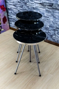 Zigon Sehpa 3lü Gümüş Metal Ayak Gümüş Siyah Bendir 1069