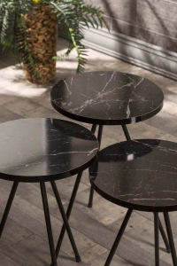 Zigon Sehpa 3 Lü Metal Ayak  Siyah Mermer Desen