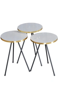 Zigon Sehpa 3 Lü Siyah Metal Ayak Altın Beyaz