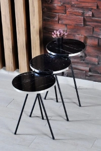 Zigon Sehpa 3lü Siyah Metal Ayak Gümüş Siyah Bendir 1070