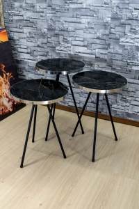 Zigon Sehpa 3lü Siyah Metal Ayak Gümüş Siyah Bendir 1070