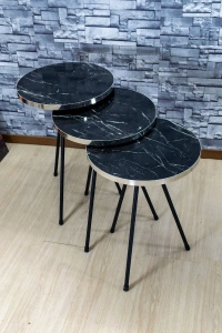 Zigon Sehpa 3lü Siyah Metal Ayak Gümüş Siyah Bendir 1070