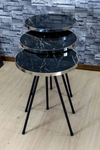 Zigon Sehpa 3lü Siyah Metal Ayak Gümüş Siyah Bendir 1070