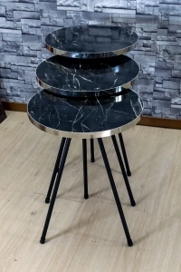 Zigon Sehpa 3lü Siyah Metal Ayak Gümüş Siyah Bendir 1070