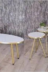 Zigon Sehpa Ve Orta Sehpa Elips Set  Altın Metal Ayak Altın Beyaz