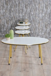 Zigon Sehpa ve Orta Sehpa Elips Set Çift Gold Beyaz Metal