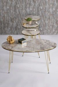 Zigon Sehpa ve Orta Sehpa Elips Set Çift Gold Efes Tel