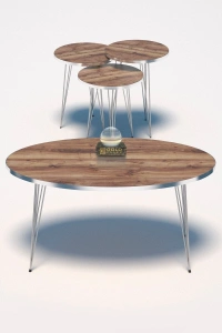 Zigon Sehpa Ve Orta Sehpa Elips Set Gümüş Ceviz Tel