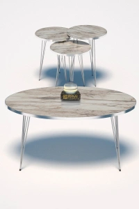 Zigon Sehpa Ve Orta Sehpa Elips Set Gümüş Efes Tel