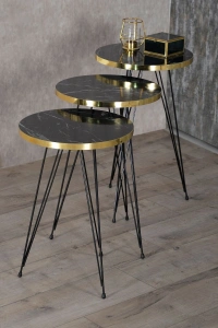 Zigon Sehpa Ve Orta Sehpa Elips Set Siyah Ayak Altın Bendir Tel