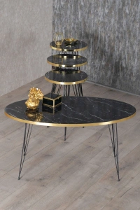 Zigon Sehpa Ve Orta Sehpa Elips Set Siyah Ayak Altın Bendir Tel