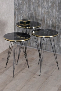 Zigon Sehpa Ve Orta Sehpa Elips Set Siyah Tel Ayak Çift Altın Bendir