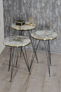 Zigon Sehpa Ve Orta Sehpa Elips Set Siyah Tel Ayak Çift Altın Efes