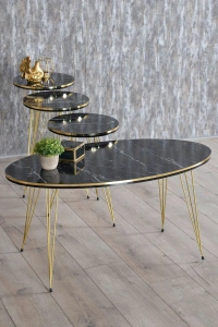 Zigon Sehpa Ve Orta Sehpa Elips Set Tel Ayak Çift Gold Bendir