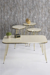 Zigon Sehpa Ve Orta Sehpa Kr Set Çift Gold Krem Tel Ayak