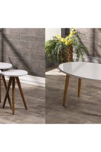 Zigon Sehpa Ve Orta Sehpa Set Ahşap Torna Elips Beyaz