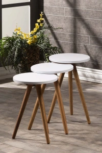 Zigon Sehpa Ve Orta Sehpa Set Ahşap Torna Elips Beyaz