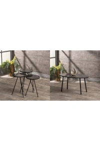 Zigon Sehpa Ve  Orta Sehpa Set  Metal  Elips Siyah Mermer Desen