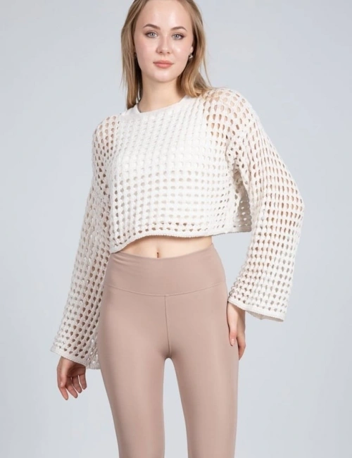 Ekru Ajurlu Crop Bluz - Ekru