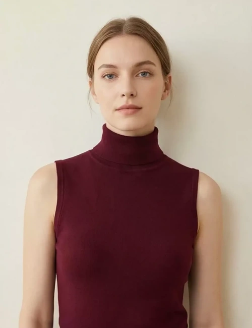 Kadın Bordo Kolsuz Balıkçı Yaka Basic Bluz
