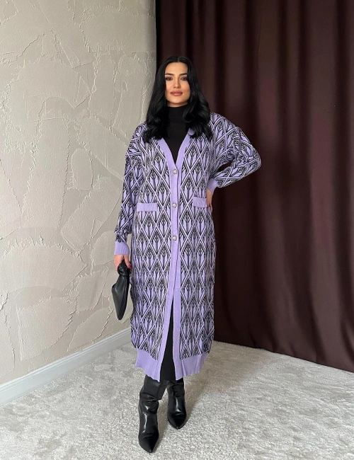 Lila Düğmeli Triko Hırka