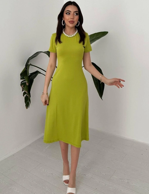 Yeşil Basic Fitilli Midi Elbise