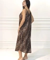 Leopar Desenli Askılı Uzun Elbise
