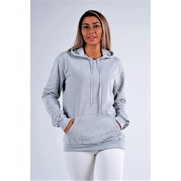 Gri Kapüşonlu Kanguru Cepli Şardonlu Sweatshirt