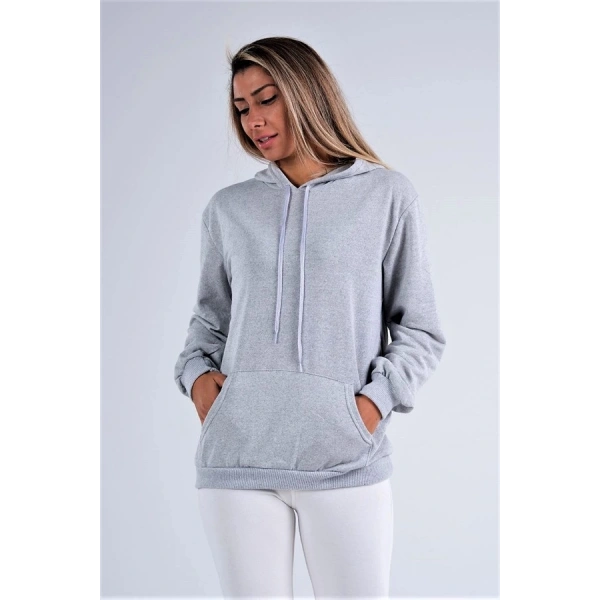 Gri Kapüşonlu Kanguru Cepli Şardonlu Sweatshirt
