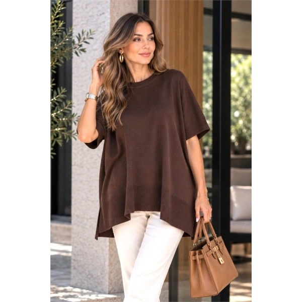 Kahverengi Oversize Triko Bluz