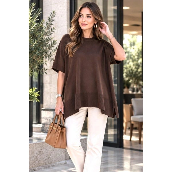Kahverengi Oversize Triko Bluz
