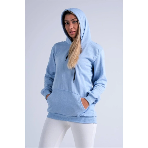 Mavi Kapüşonlu Kanguru Cepli Şardonlu Sweatshirt