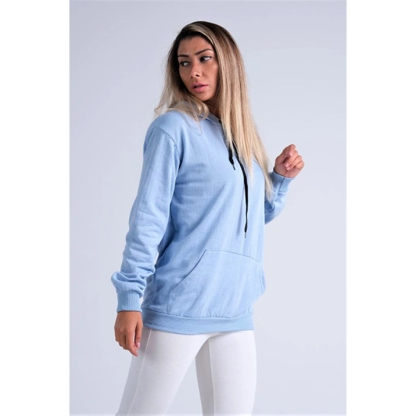 Mavi Kapüşonlu Kanguru Cepli Şardonlu Sweatshirt