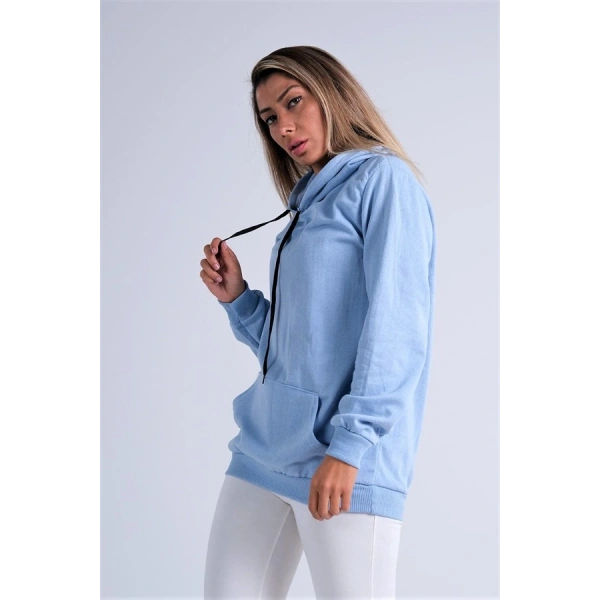 Mavi Kapüşonlu Kanguru Cepli Şardonlu Sweatshirt